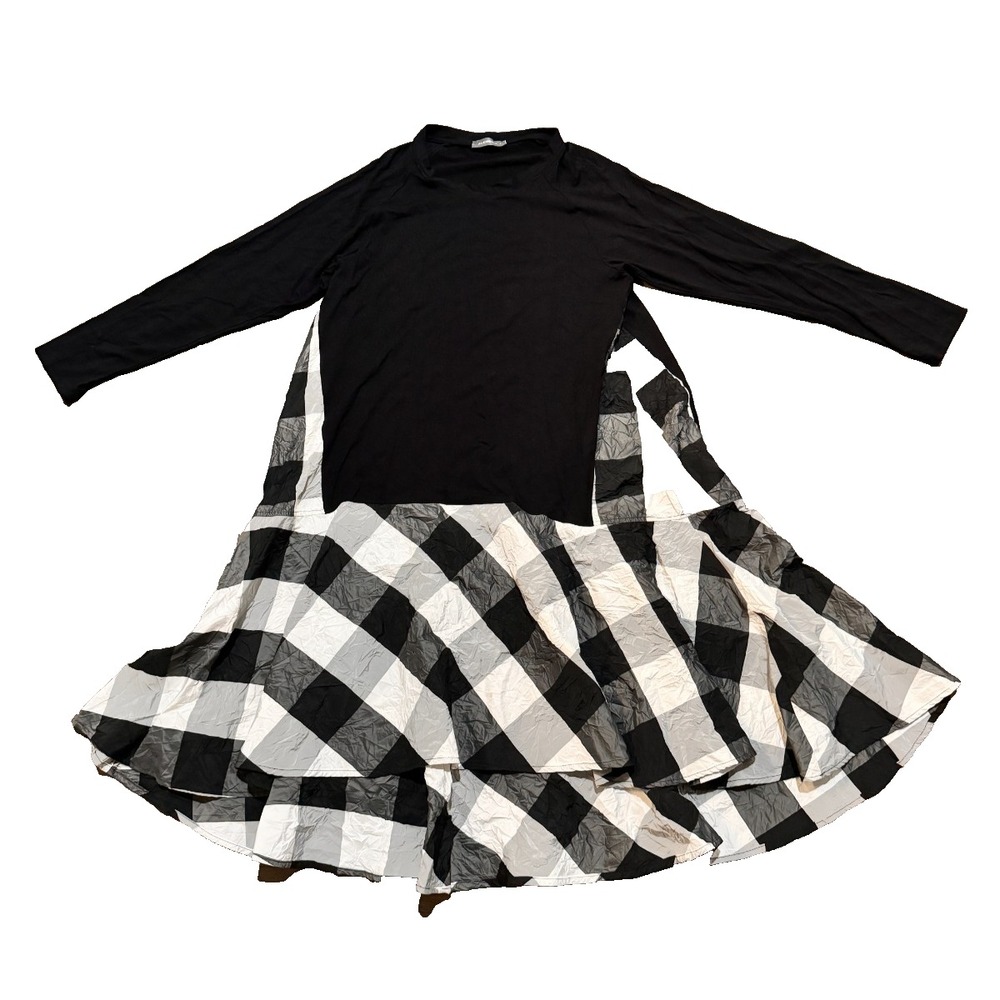 Alembika Crinkle Mix Shirt Dress Size 4 US 12-14 Black White Plaid Lagenlook